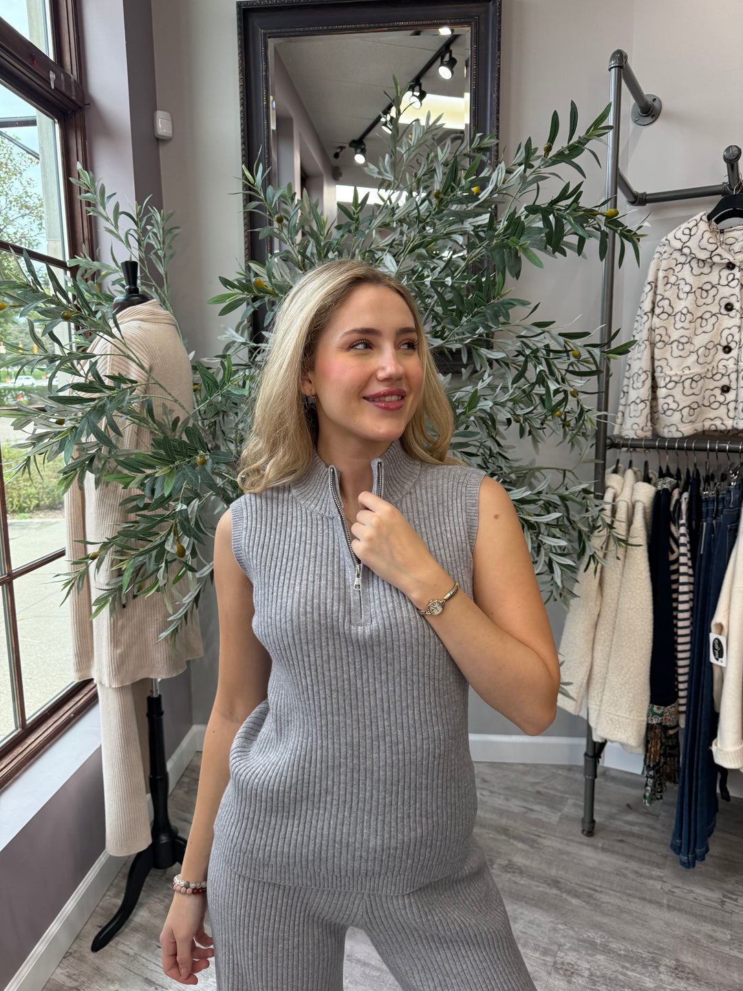 St. Moritz Ribbed Zip Mock Neck Tank in gray with half-zip mock neck, waist-up front view