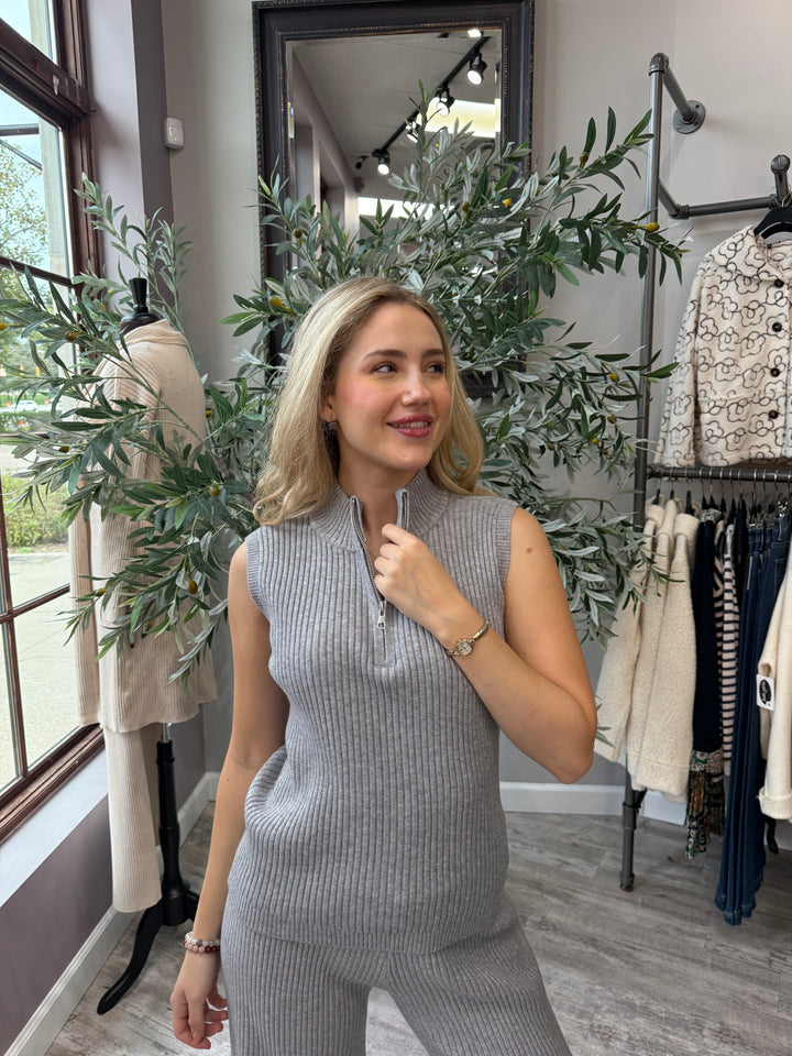 St. Moritz Ribbed Zip Mock Neck Tank in gray with half-zip mock neck, waist-up front view