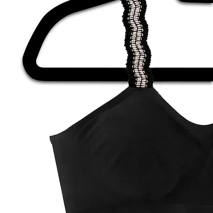 Black bralette with scalloped black and silver tweed strap.