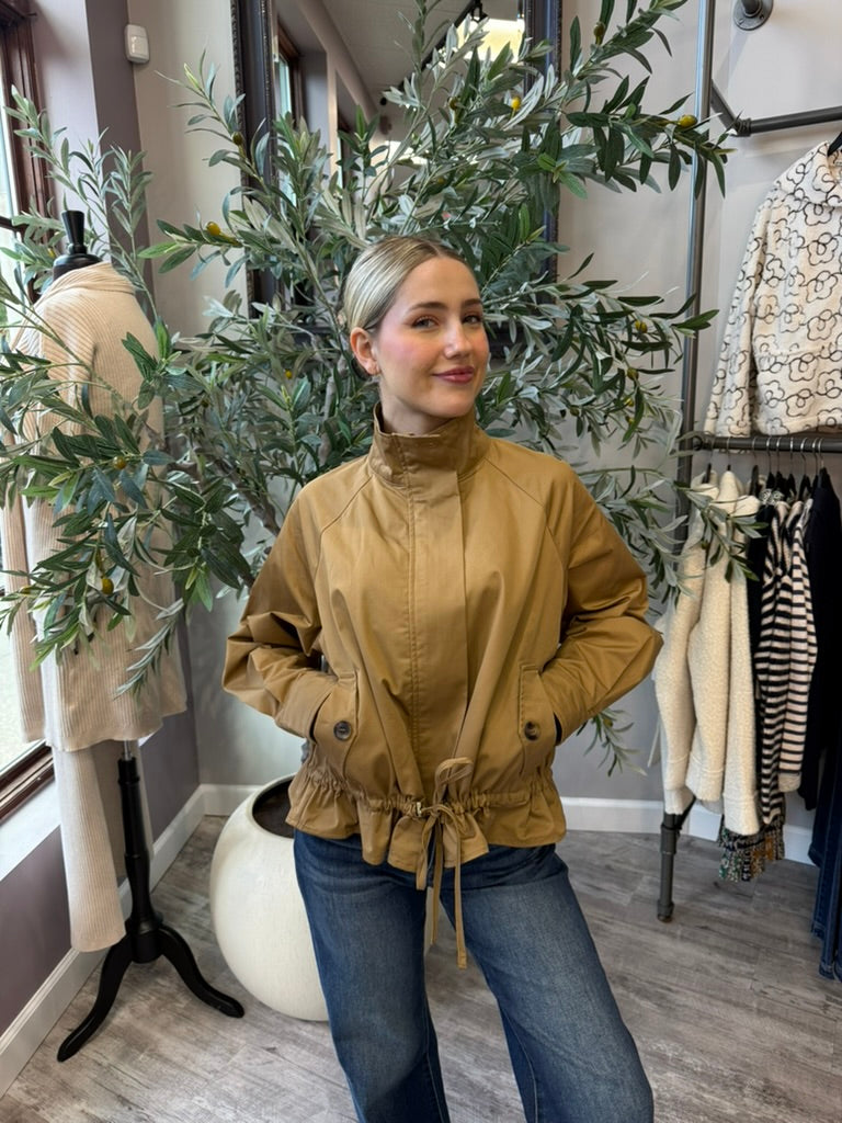 Maren Cotton Utility Jacket in camel, front view with hands in pockets