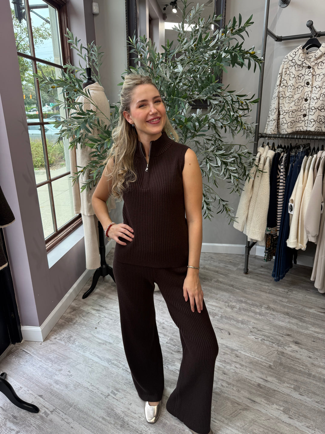 St. Moritz Ribbed Zip Mock Neck Tank in brown styled with matching wide leg pant, full-length front view
