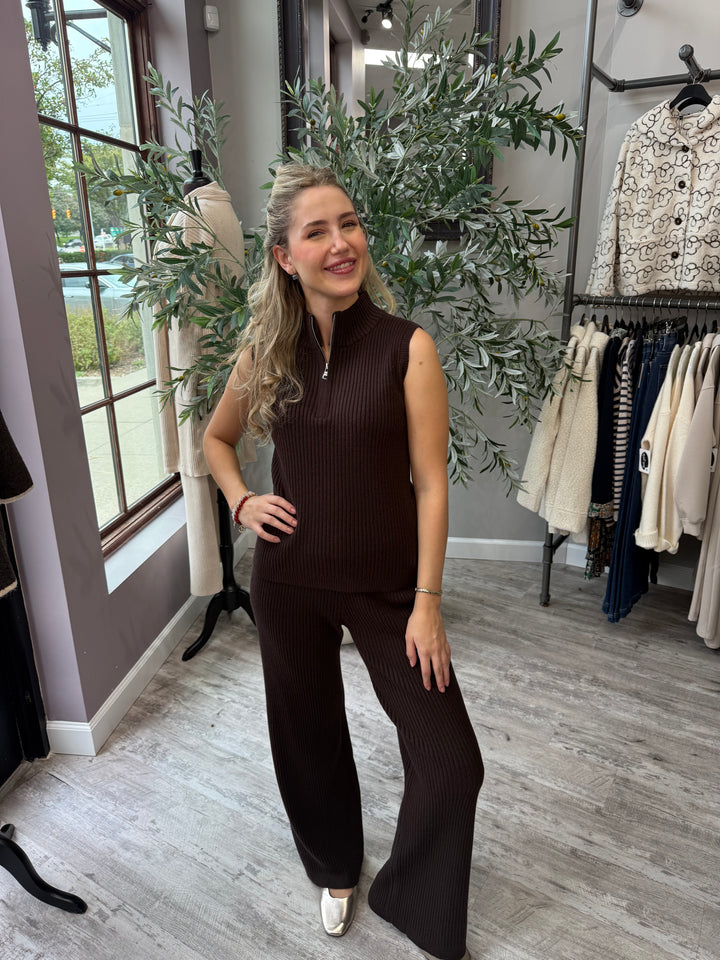 St. Moritz Ribbed Knit Pant in brown wide leg styled with matching zip mock neck tank, front view