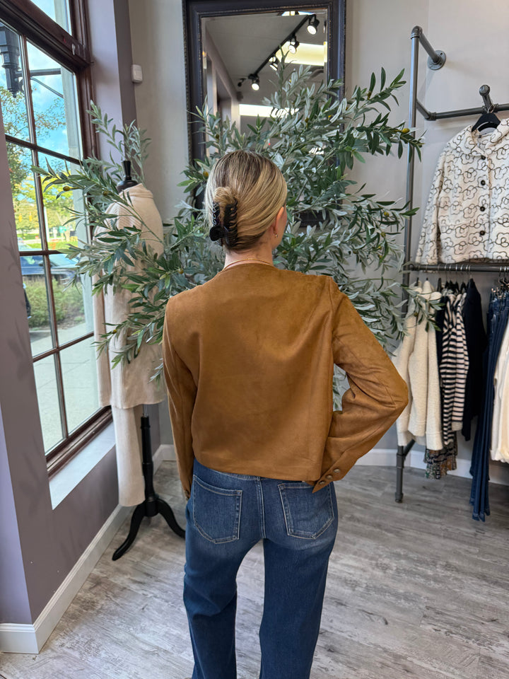 Lana Faux Suede Jacket back view in brown faux suede