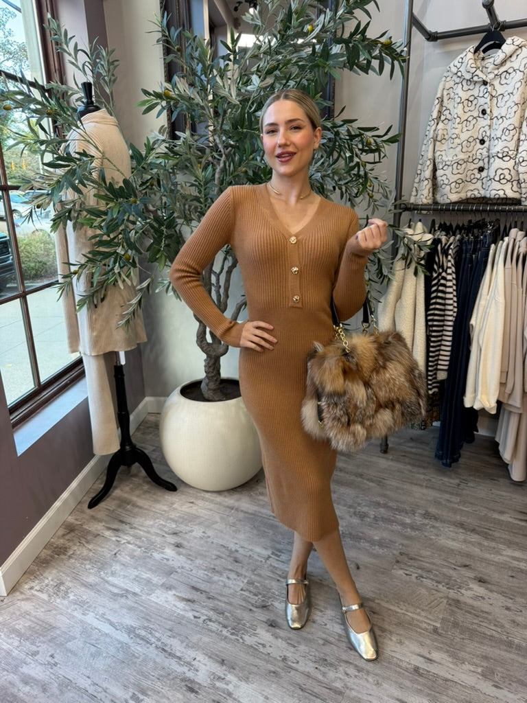 Rory Ribbed Sweater Dress in camel with gold button placket, front view with fur bag and metallic flats