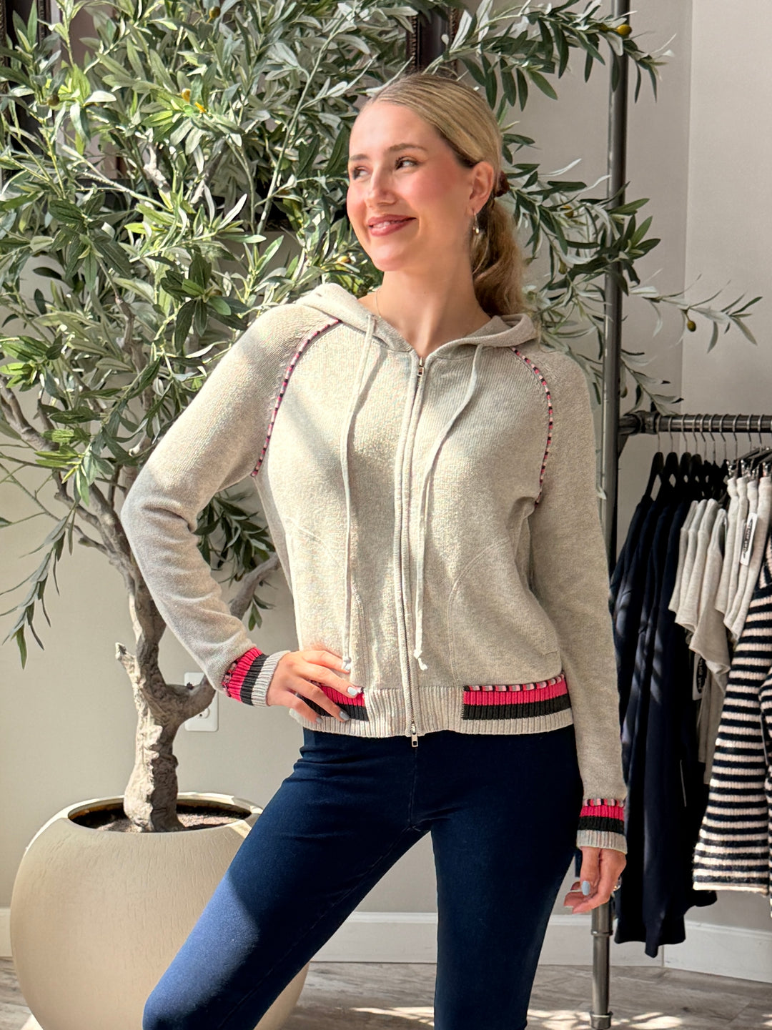 The Pink Piping Grey Zip Hoodie