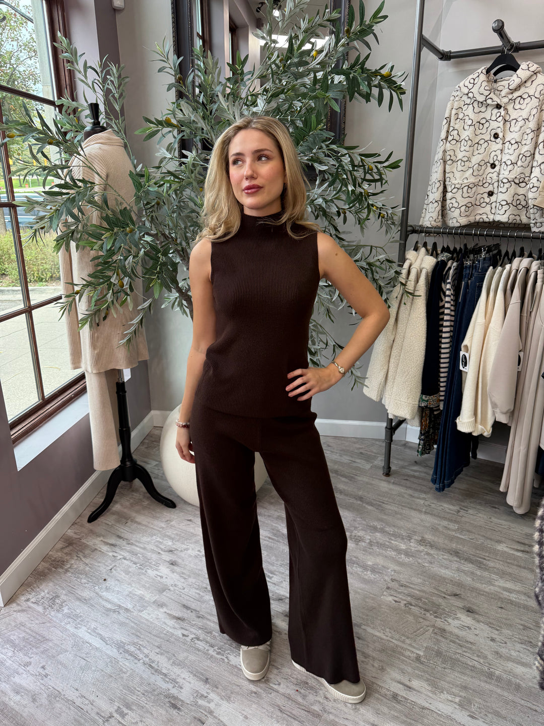 Rumi Ribbed Wide Leg Pant in brown styled with matching sleeveless mock neck top, full-length front view