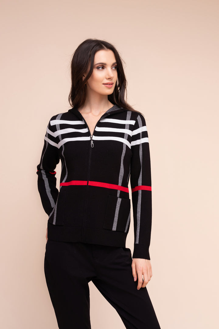 Tartan Trail Hooded Cardigan in black and red by Alison Sheri, front view