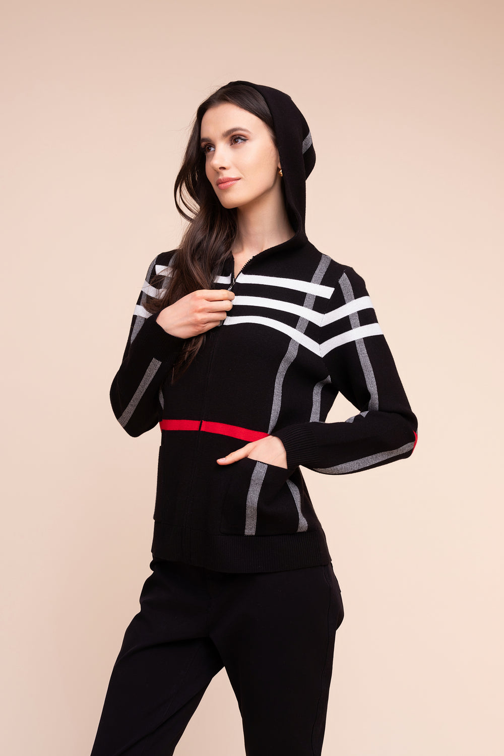 Tartan Trail Hooded Cardigan in black and red by Alison Sheri, alternate view