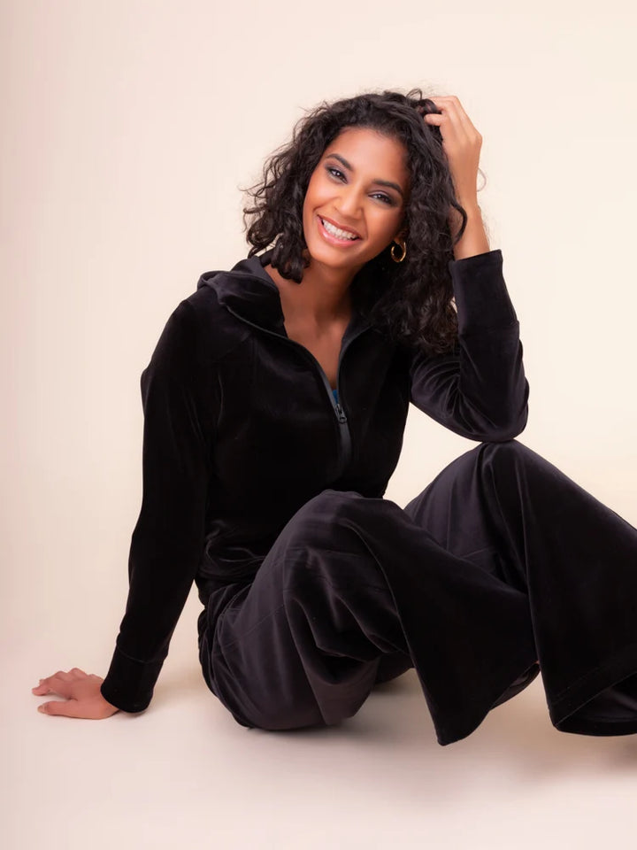 Midnight Velvet Zip Hoodie in black by Alison Sheri, front view