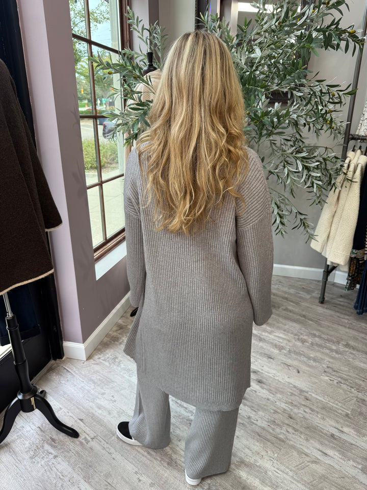 St. Moritz Ribbed Open Cardigan back view in gray showing longline length
