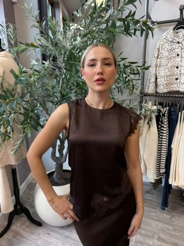 Sienna Lace Trim Top in brown satin with lace cap sleeve and lace hem detail, waist-up front view