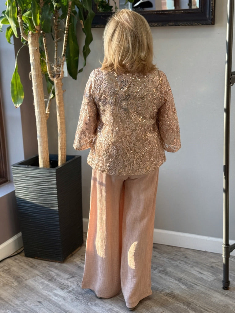 Rose gold floral print sequin mesh women's dress jacket.