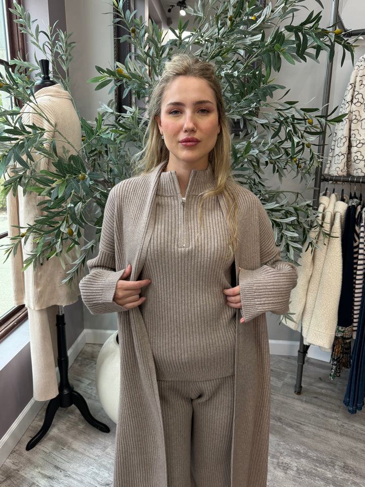 St. Moritz Ribbed Open Cardigan in khaki ribbed knit with open front, waist-up front view