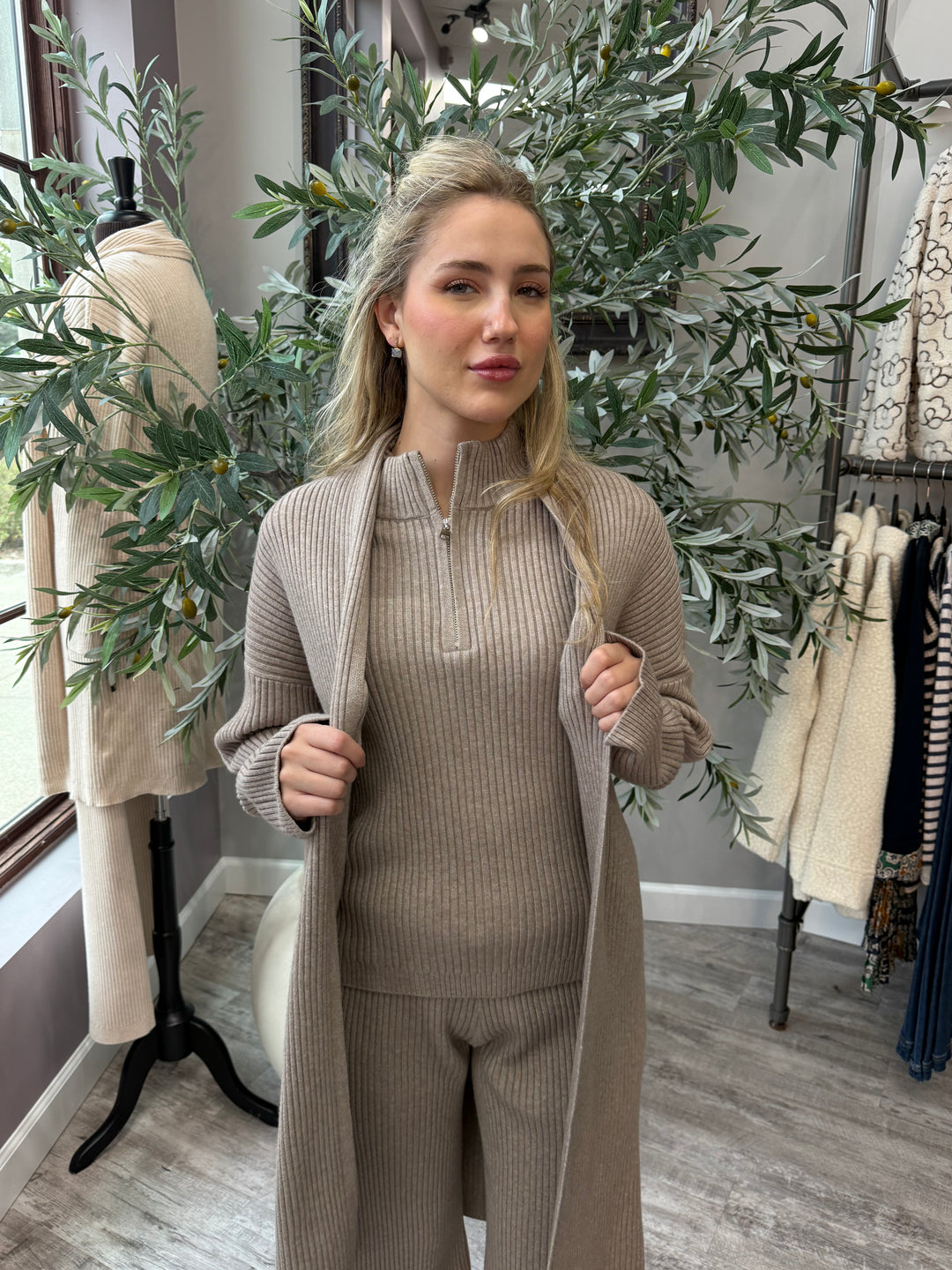 St. Moritz Ribbed Open Cardigan in khaki, close front view of ribbed knit and long sleeves