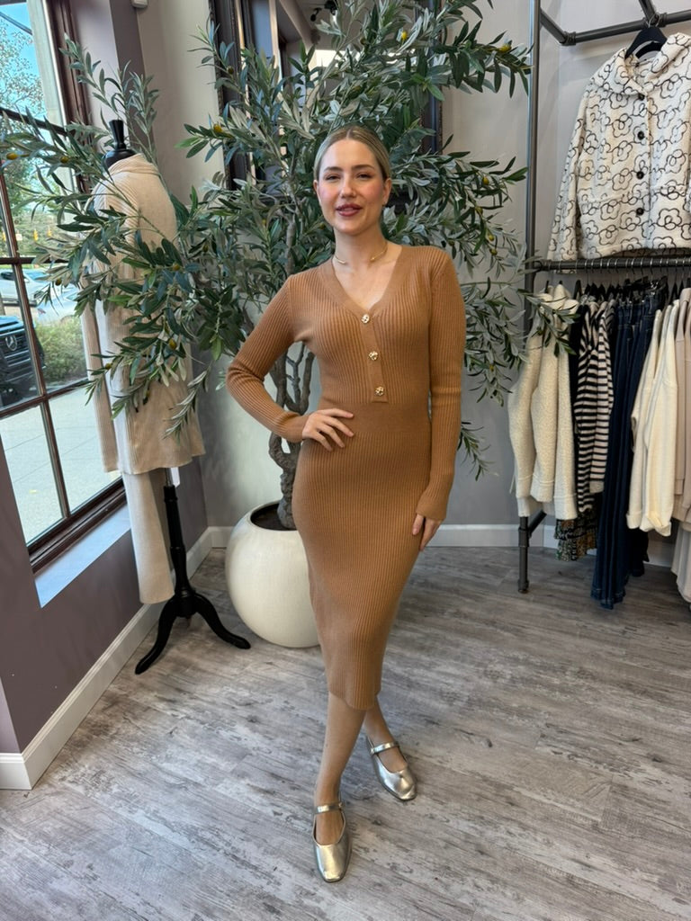 Rory Ribbed Sweater Dress in camel with V-neck and gold buttons, full-length front view