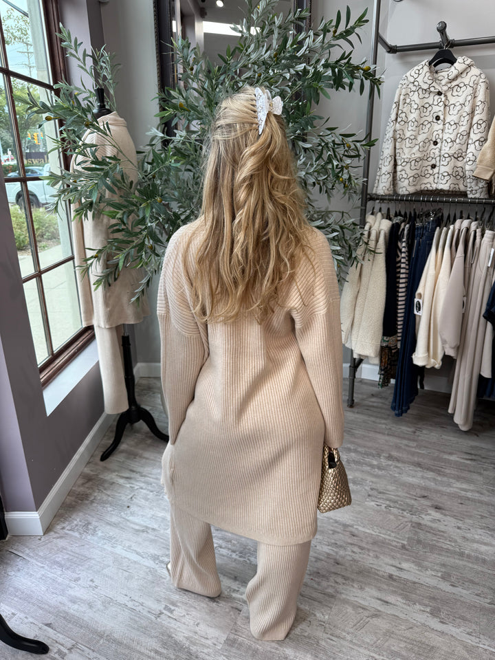 St. Moritz Ribbed Open Cardigan back view in beige showing longline ribbed knit