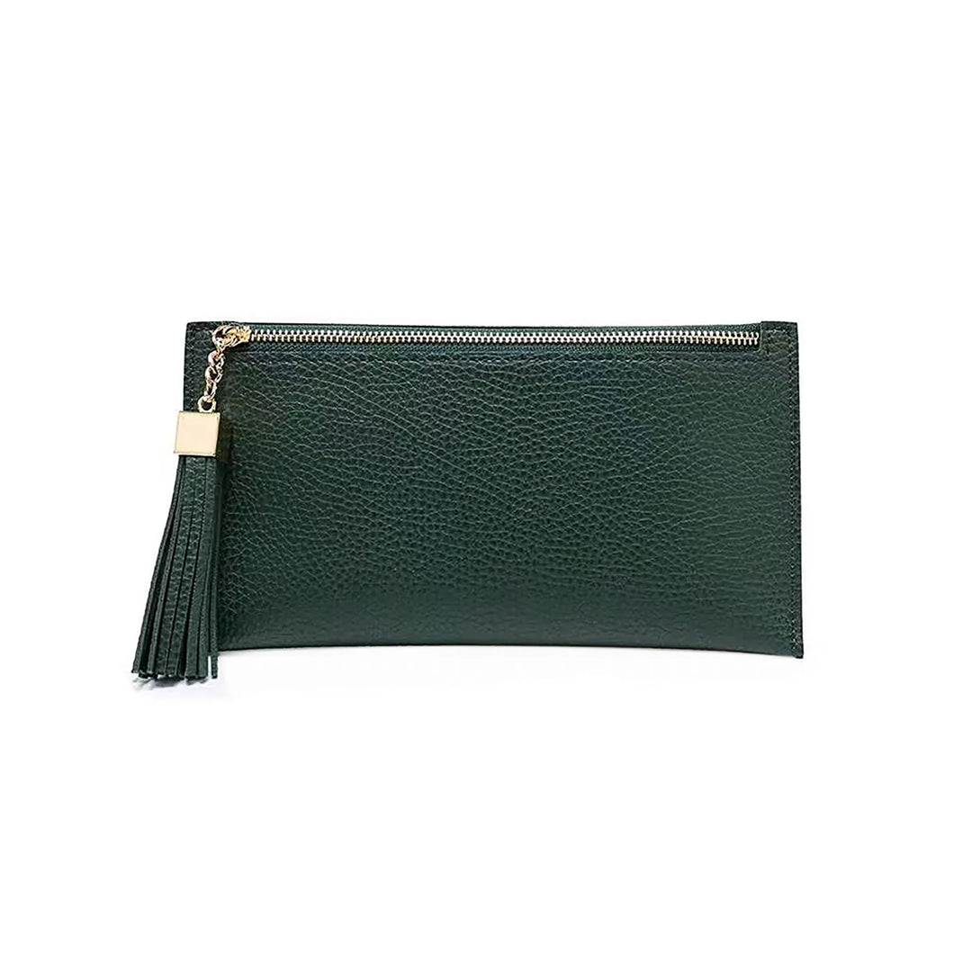 Green clutch bag with a tassel on a white background