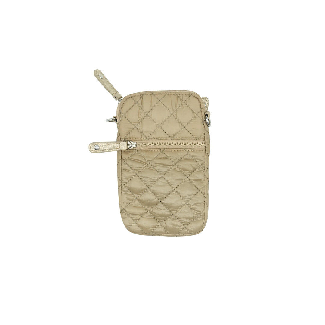Beige quilted phone pouch on a white background