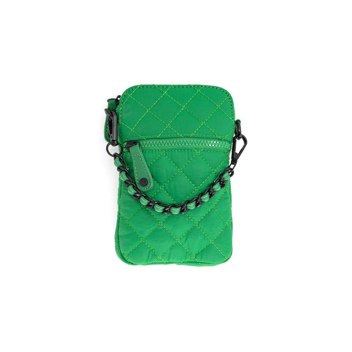 Green quilted crossbody bag with a chain detail on a white background