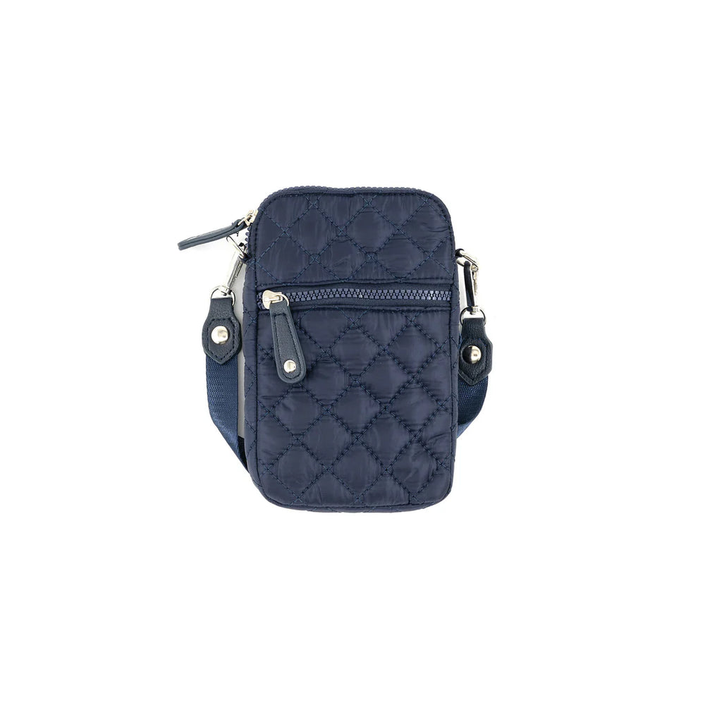 Navy quilted crossbody bag on a white background
