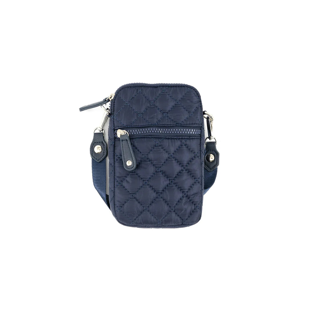 Navy quilted crossbody bag on a white background