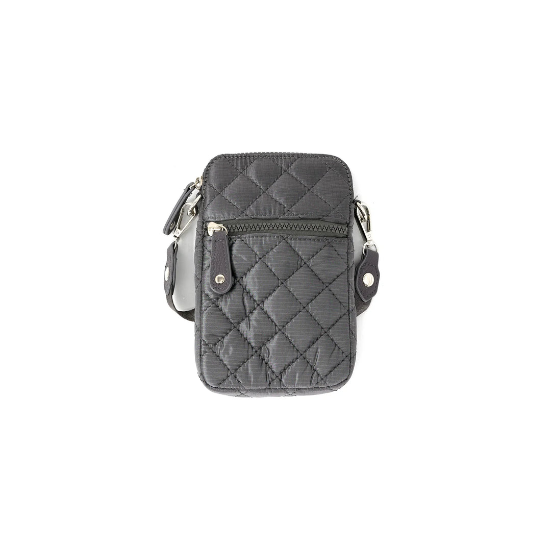 Quilted gray crossbody bag on a white background
