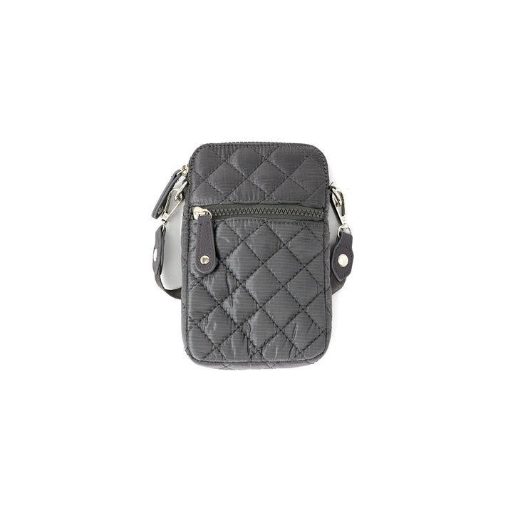 Quilted gray crossbody bag on a white background