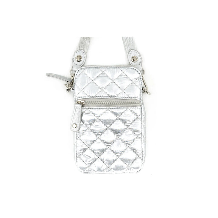 Silver quilted crossbody bag on a white background