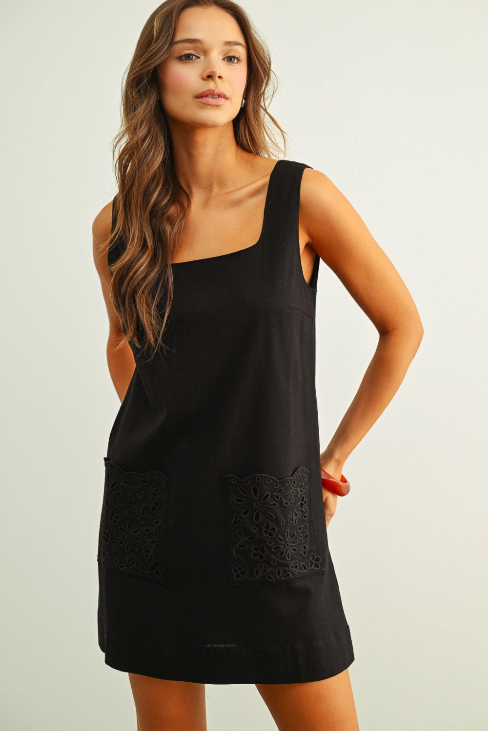 linen sheath dress with pockets Square Neck Linen Dress with Eyelet Pocket