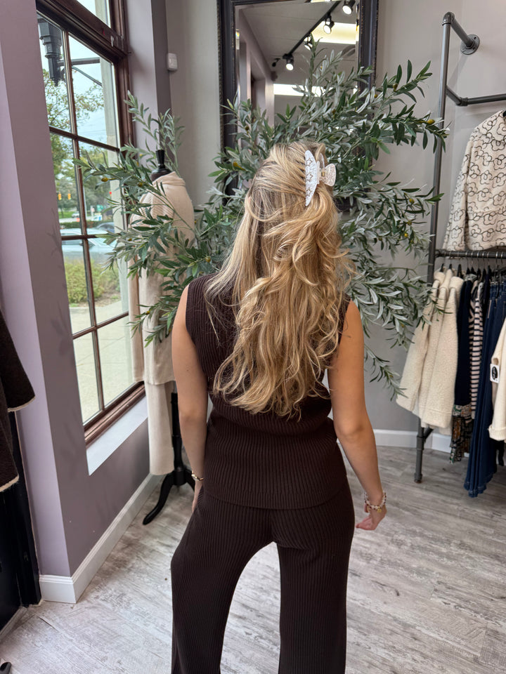 St. Moritz Ribbed Zip Mock Neck Tank back view in brown styled with matching pant
