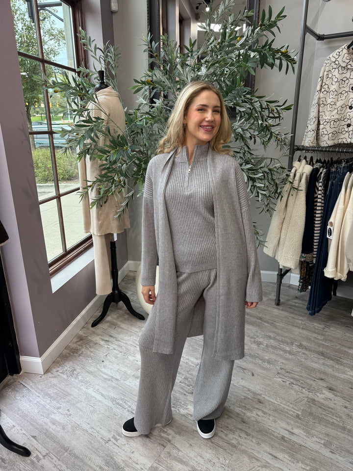 St. Moritz Ribbed Knit Pant and Open Cardigan in gray, full matching set front view