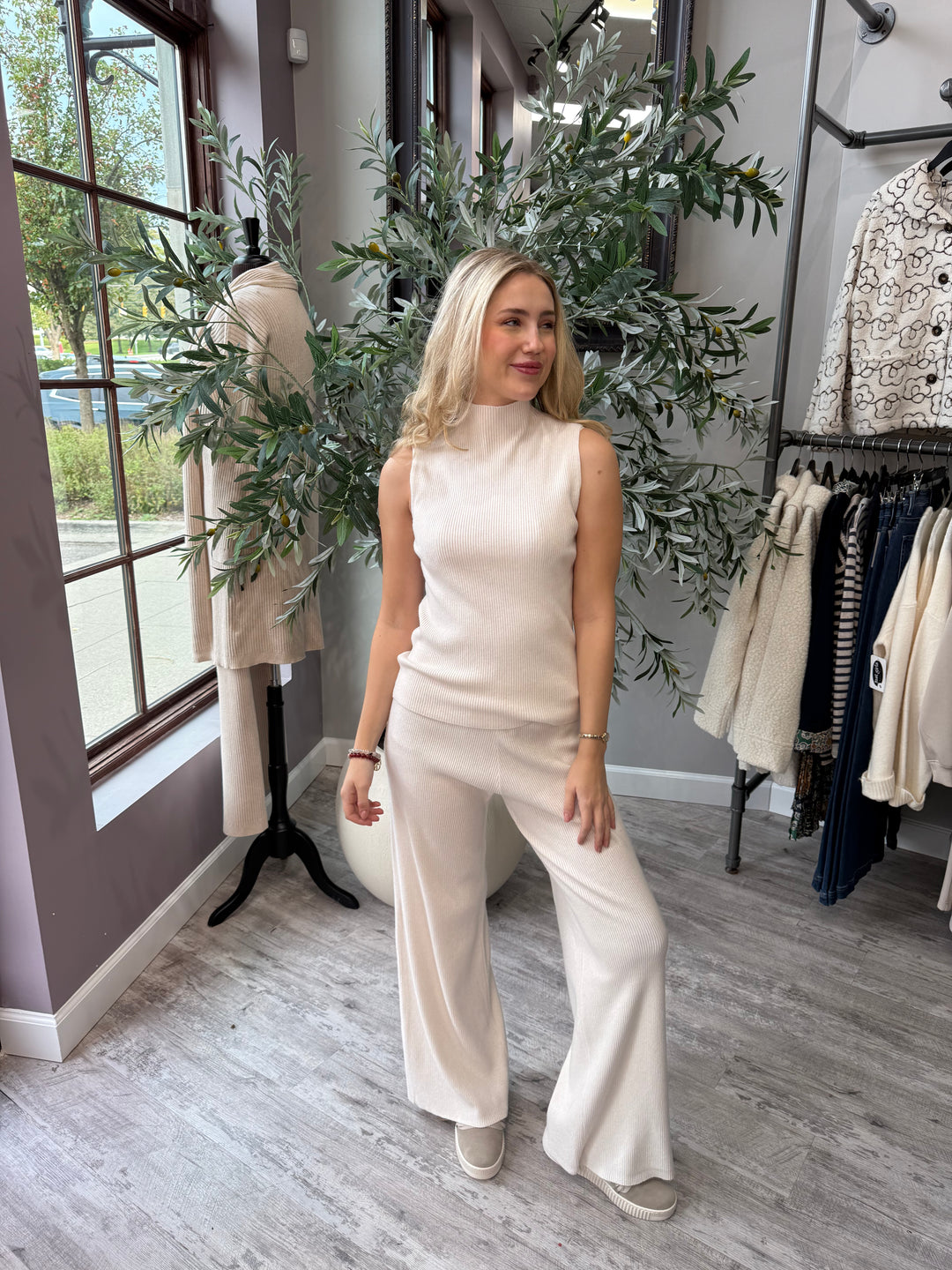 Rumi Ribbed Wide Leg Pant in white ribbed knit with matching top, front view