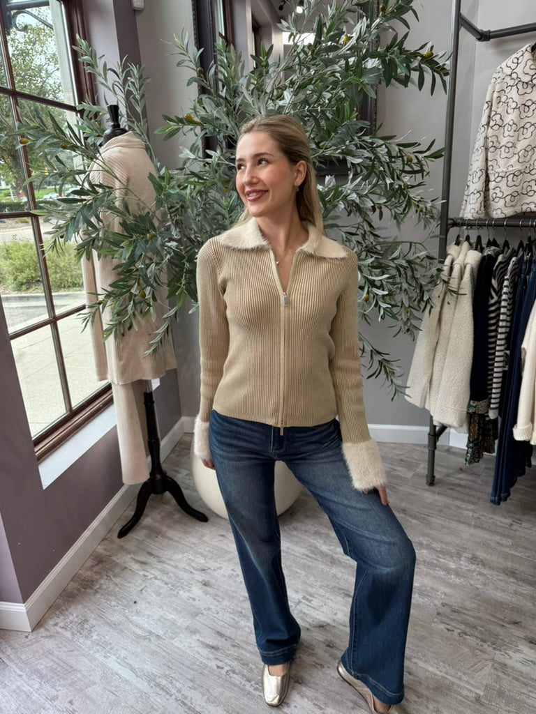 Chalet Faux Fur Trim Zip Cardigan