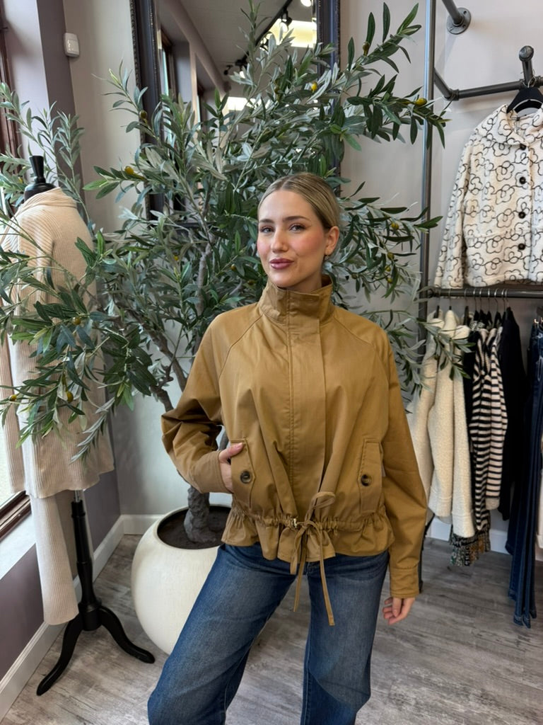 Maren Cotton Utility Jacket in camel with stand collar and drawstring hem, front view