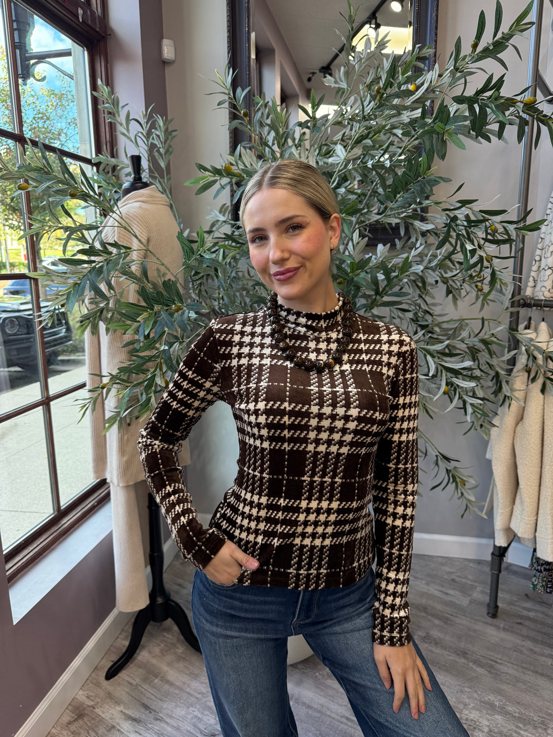 Windsor Plaid Velour Mock Neck Top