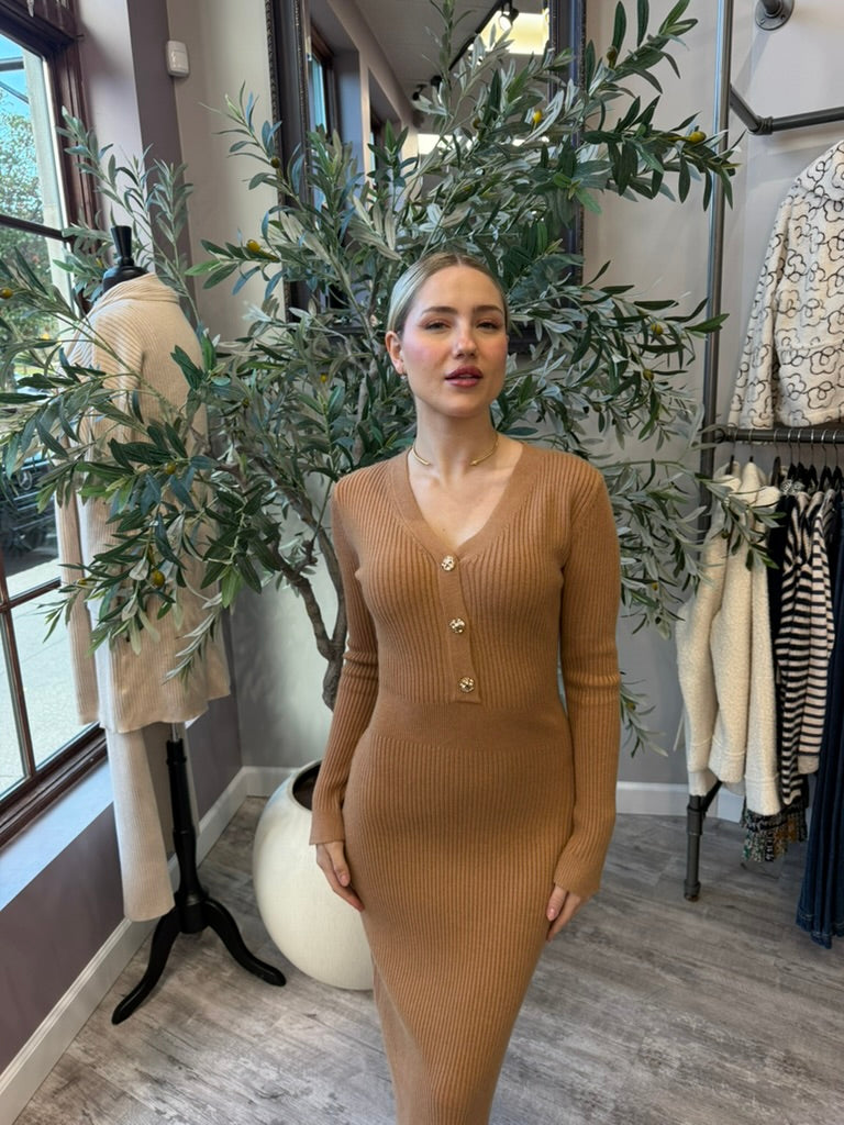 Rory Ribbed Sweater Dress in camel, waist-up front view of V-neck and gold buttons