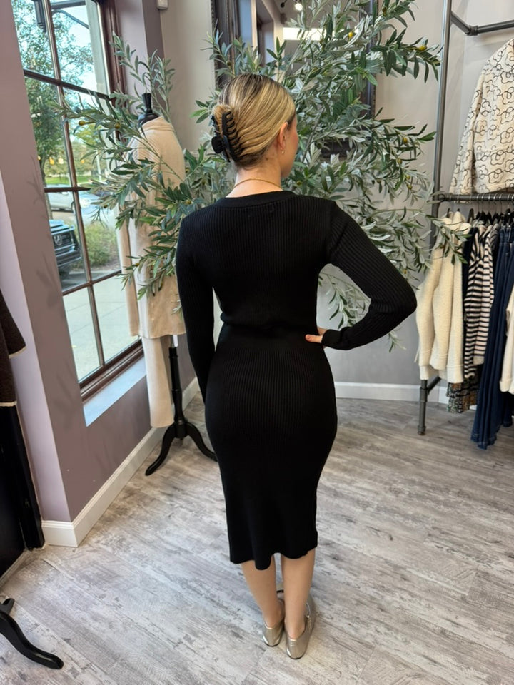 Rory Ribbed Sweater Dress back view in black ribbed knit midi