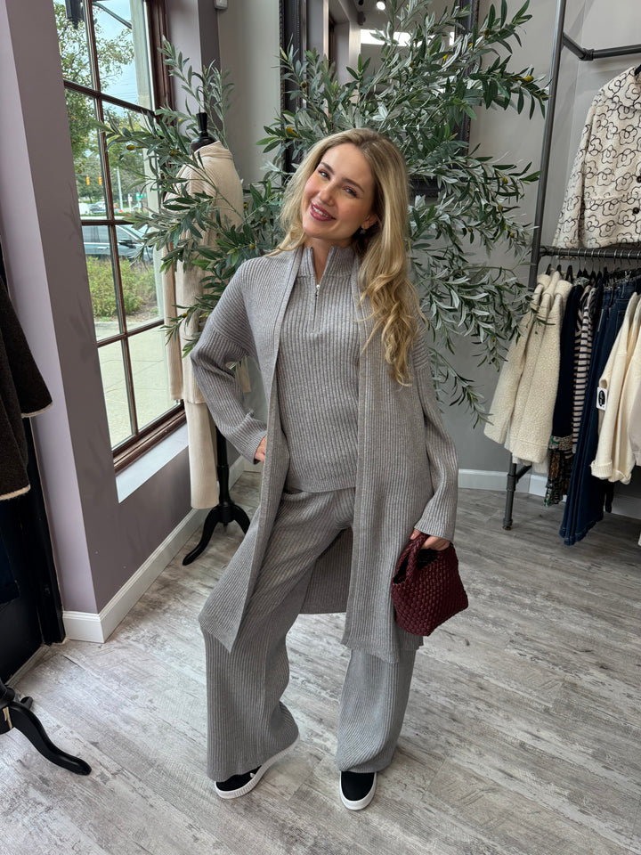 St. Moritz Ribbed Open Cardigan in gray styled with matching wide leg pant, full-length front view
