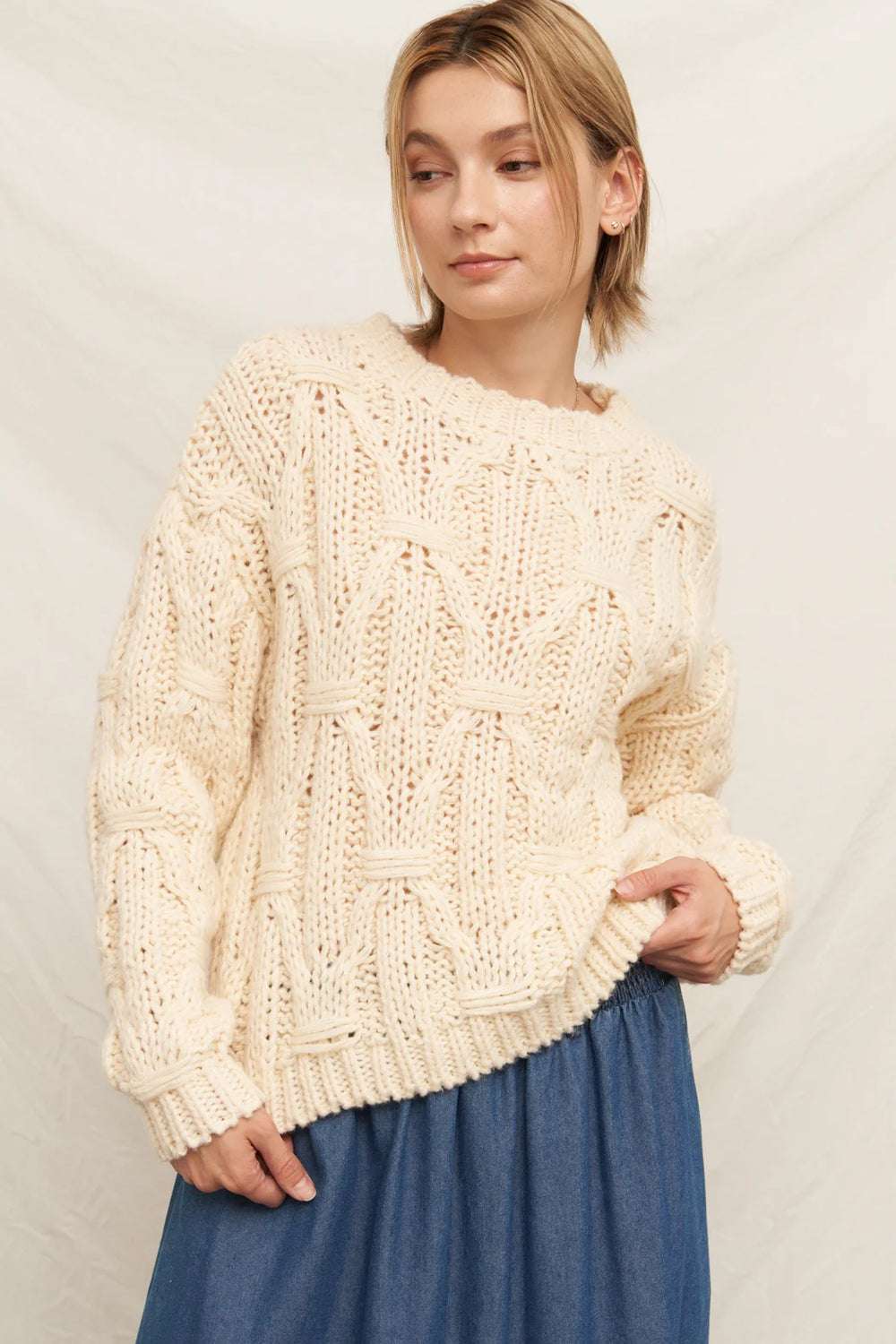 Maren Cable Knit Sweater in Ivory, view 2