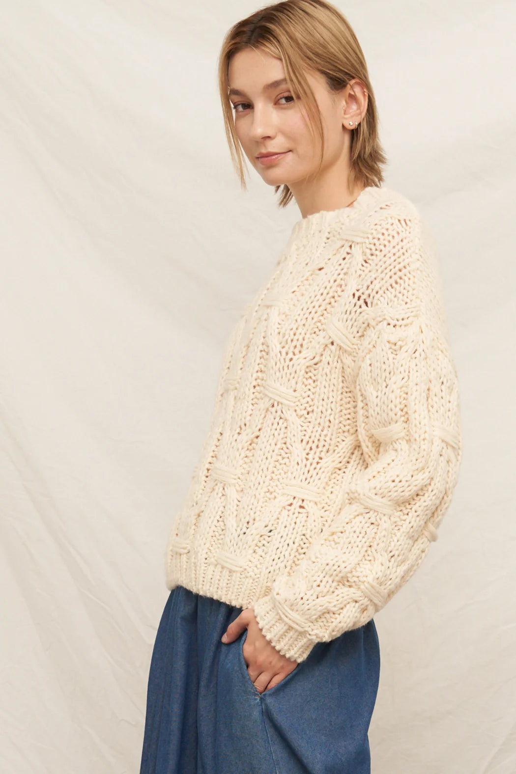 Maren Cable Knit Sweater in Ivory, view 3