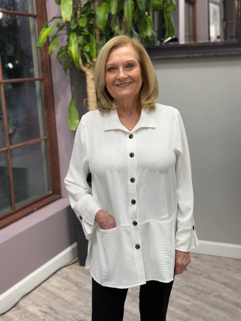 Lightweight white button down tunic with pockets.