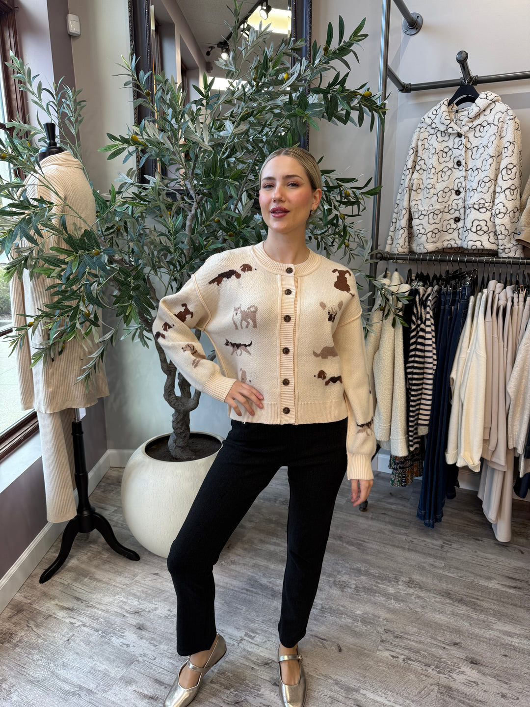 Best in Show Cardigan in cream, full-length front view styled with black pants and metallic flats