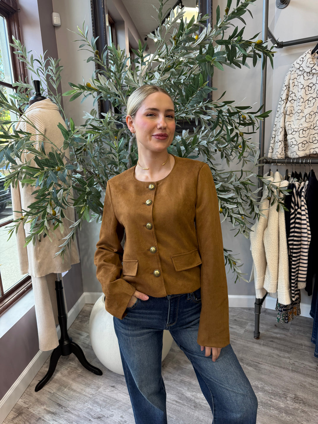 Lana Faux Suede Jacket in brown cropped silhouette, front view styled with jeans