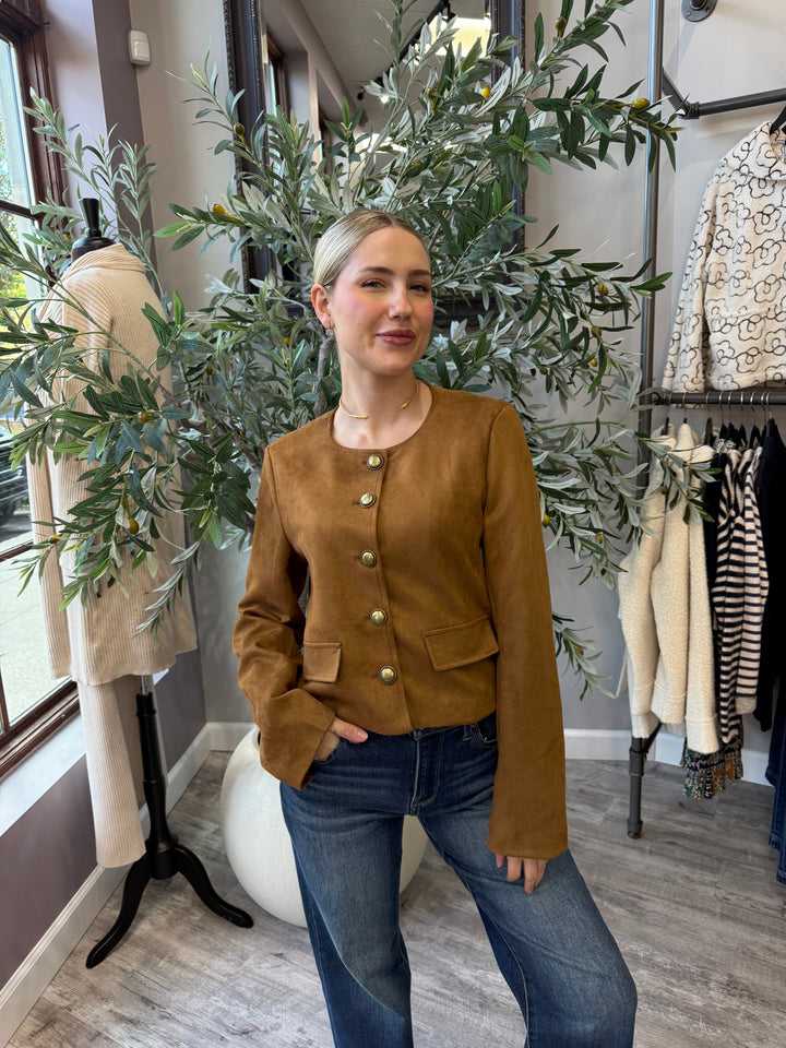 Lana Faux Suede Jacket in brown cropped silhouette, front view styled with jeans