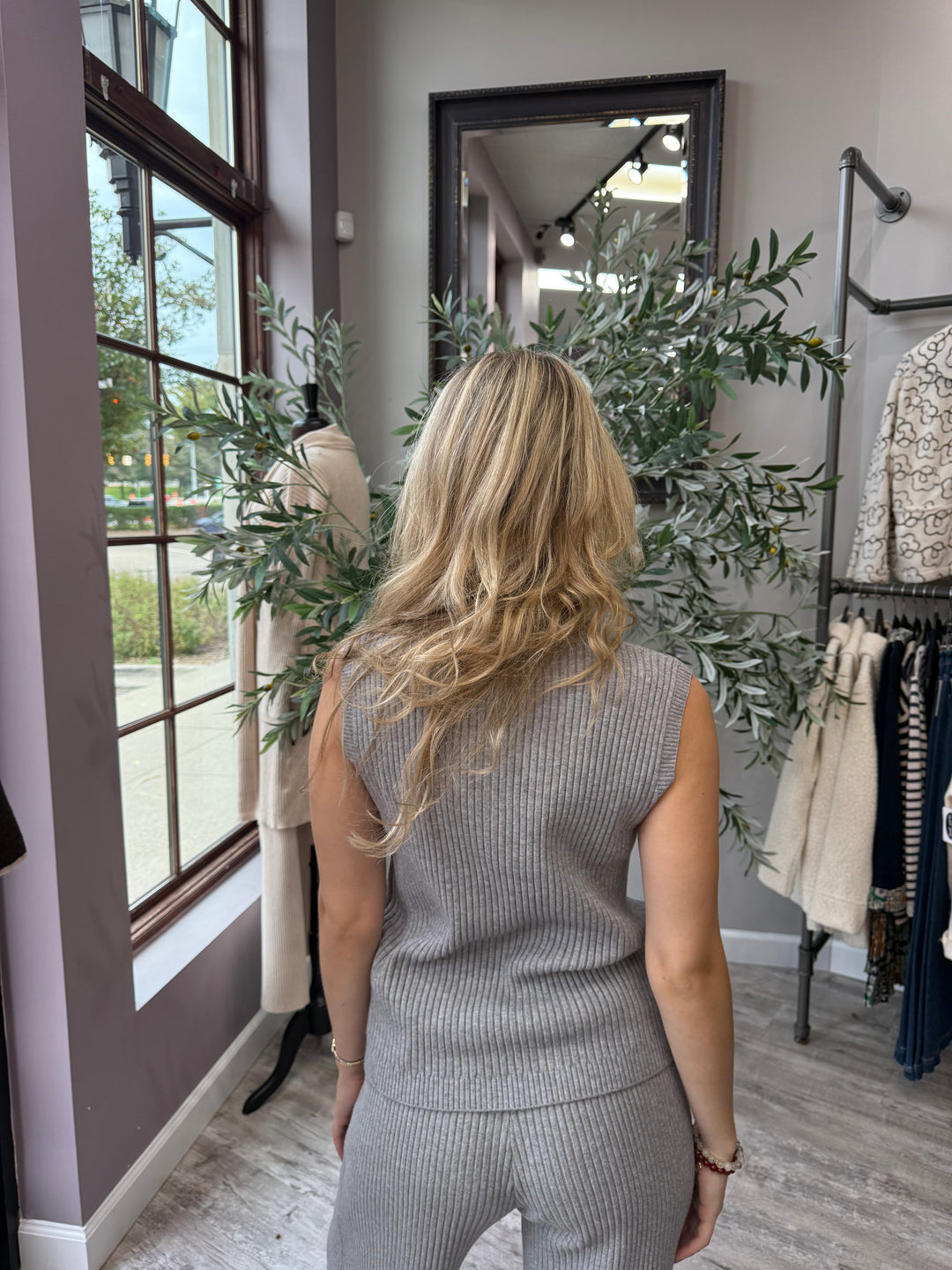 St. Moritz Ribbed Zip Mock Neck Tank back view in gray ribbed knit