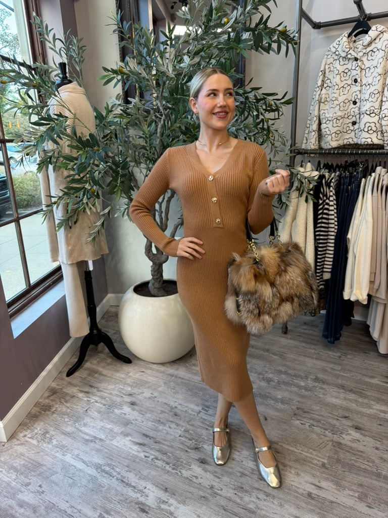 Rory Ribbed Sweater Dress in camel fitted midi, full-length front view