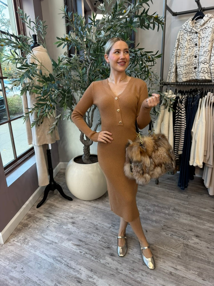 Rory Ribbed Sweater Dress in camel fitted midi, full-length front view