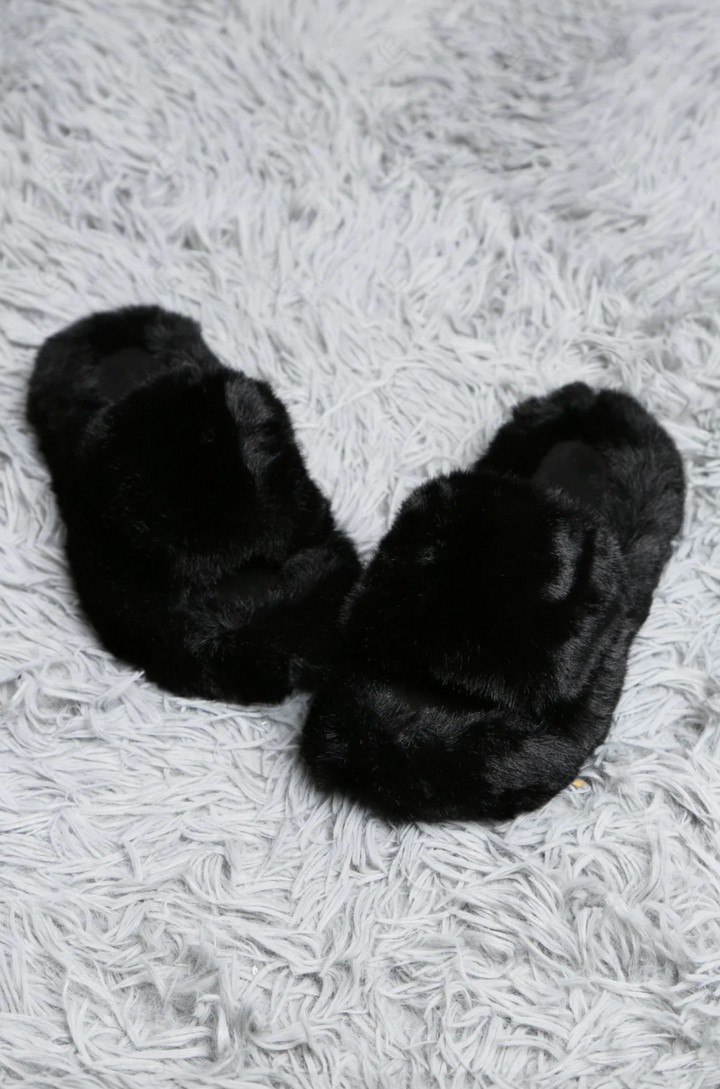 Faux Fur Slippers in Black - Jasmine Trading