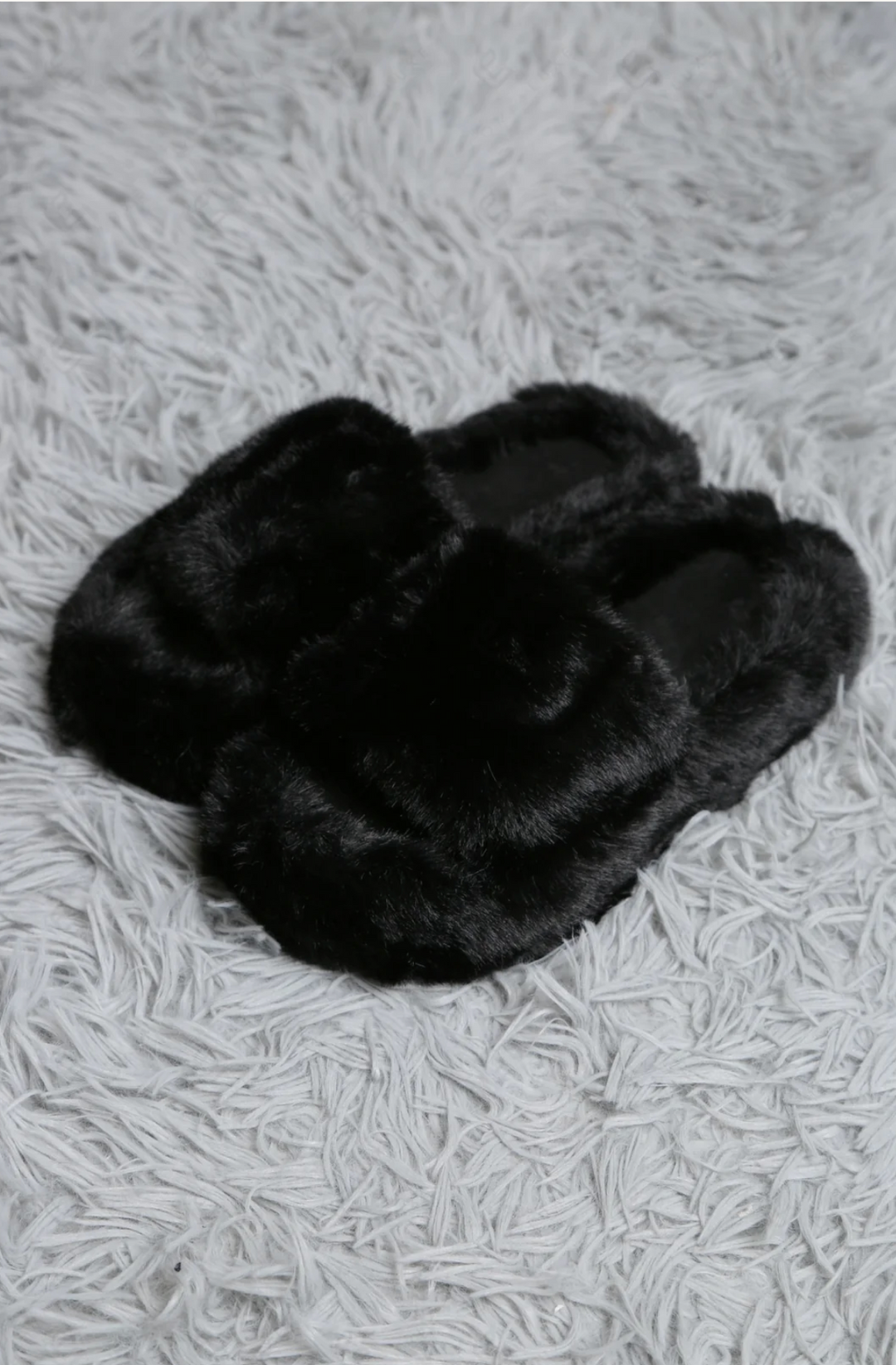 Faux Fur Slippers in Black - Jasmine Trading