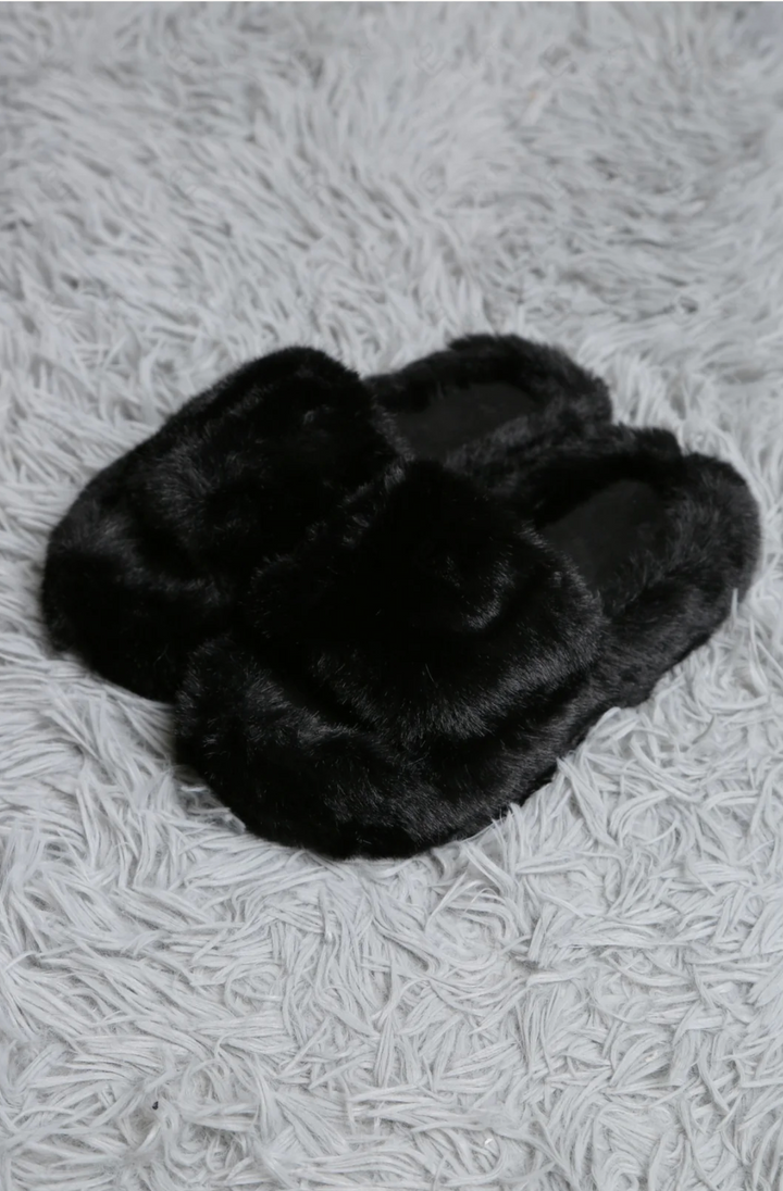 Faux Fur Slippers in Black - Jasmine Trading